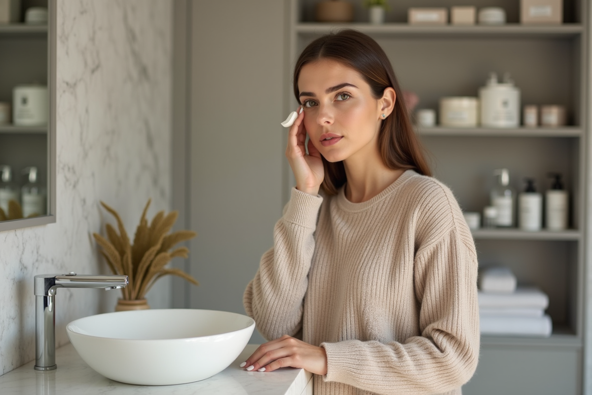 Femme appliquant une creme visage dans sa salle de bain