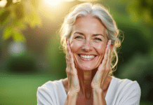 Femme souriante à la peau saine et éclatante en extérieur