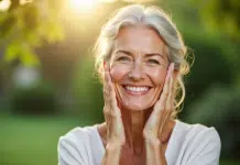 Femme souriante à la peau saine et éclatante en extérieur