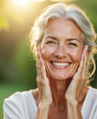 Femme souriante à la peau saine et éclatante en extérieur