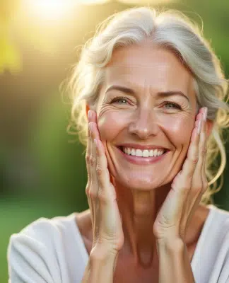 Femme souriante à la peau saine et éclatante en extérieur
