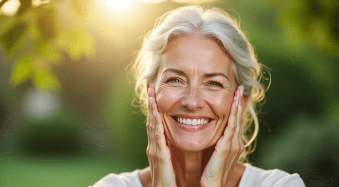 Femme souriante à la peau saine et éclatante en extérieur