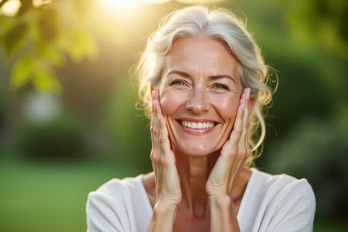 Femme souriante à la peau saine et éclatante en extérieur