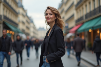 Femme élégante dans la rue parisienne avec blazer et jeans