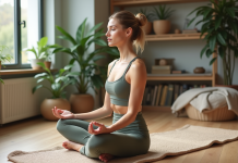 Femme en yoga dans un salon moderne et lumineux
