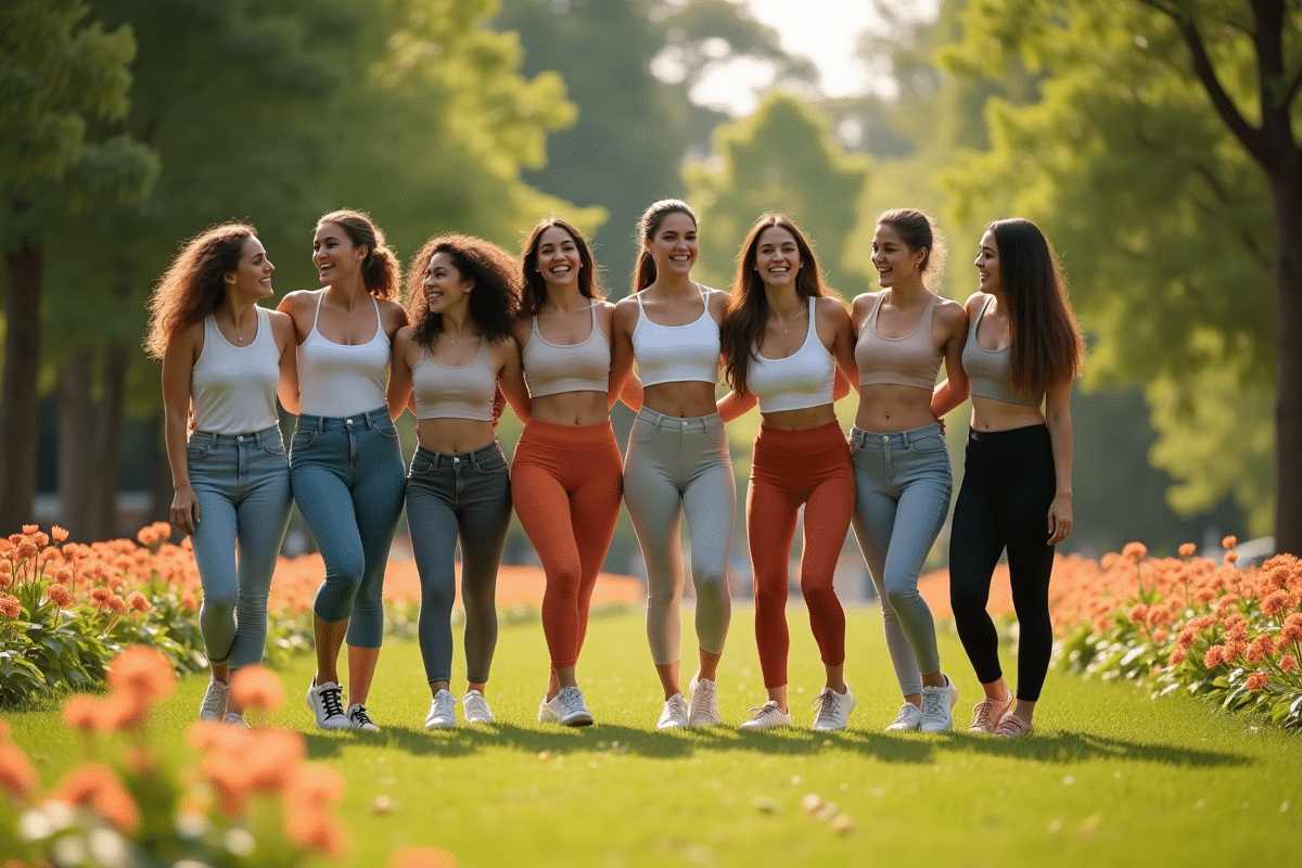 Groupe d amis en leggings dans un parc en fleurs