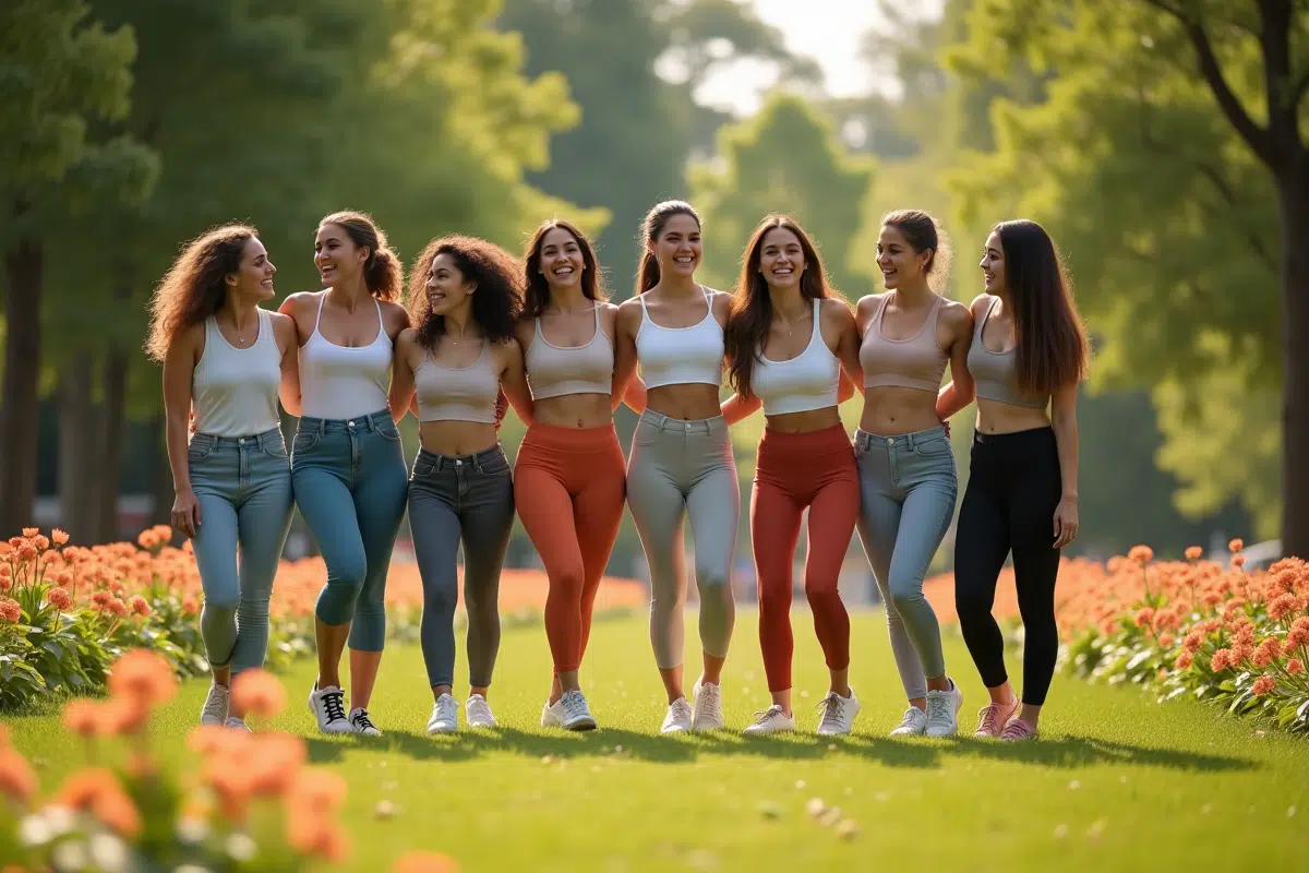 Groupe d amis en leggings dans un parc en fleurs