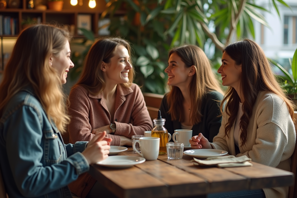 Groupe de femmes discutant dans un café cosy