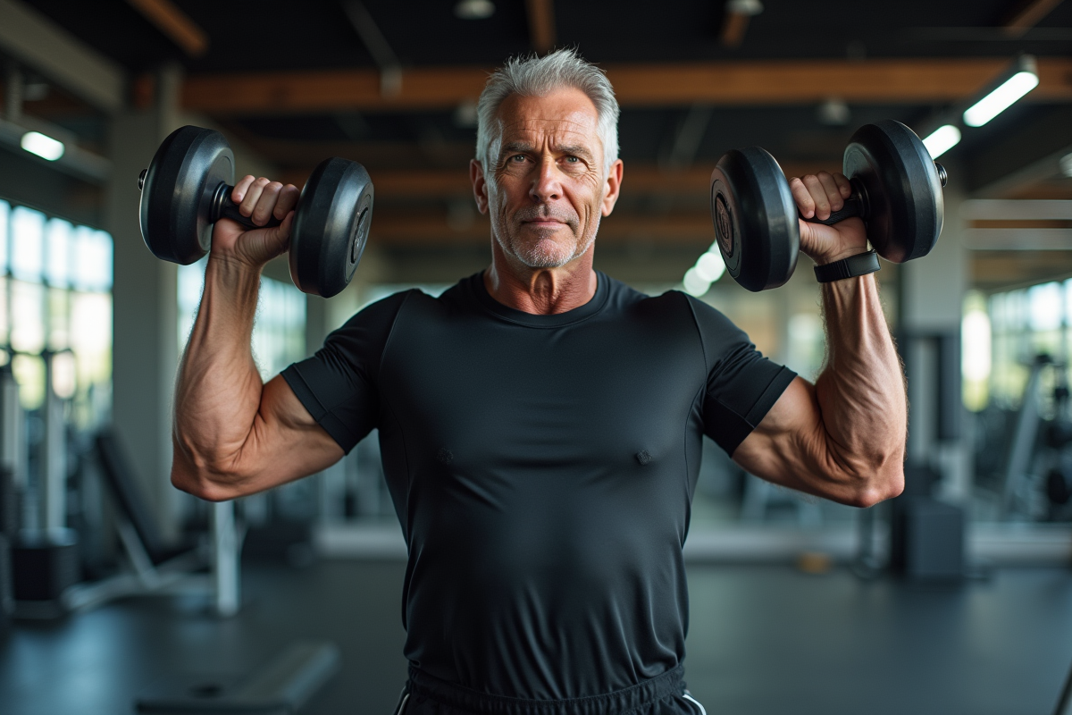 Homme en train de faire des curls biceps en salle de sport