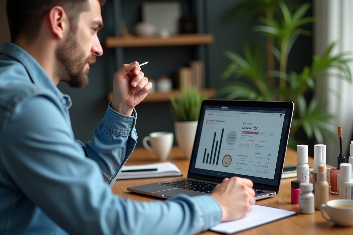 Homme analysant des scores de cosmétiques sur son ordinateur