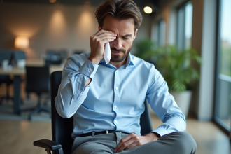 Homme en tenue de bureau se mouchant dans un mouchoir