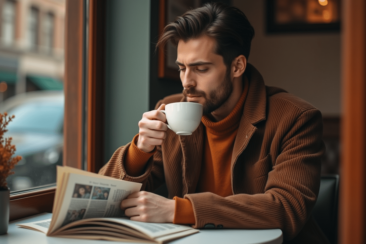 Homme lisant un magazine dans un café d