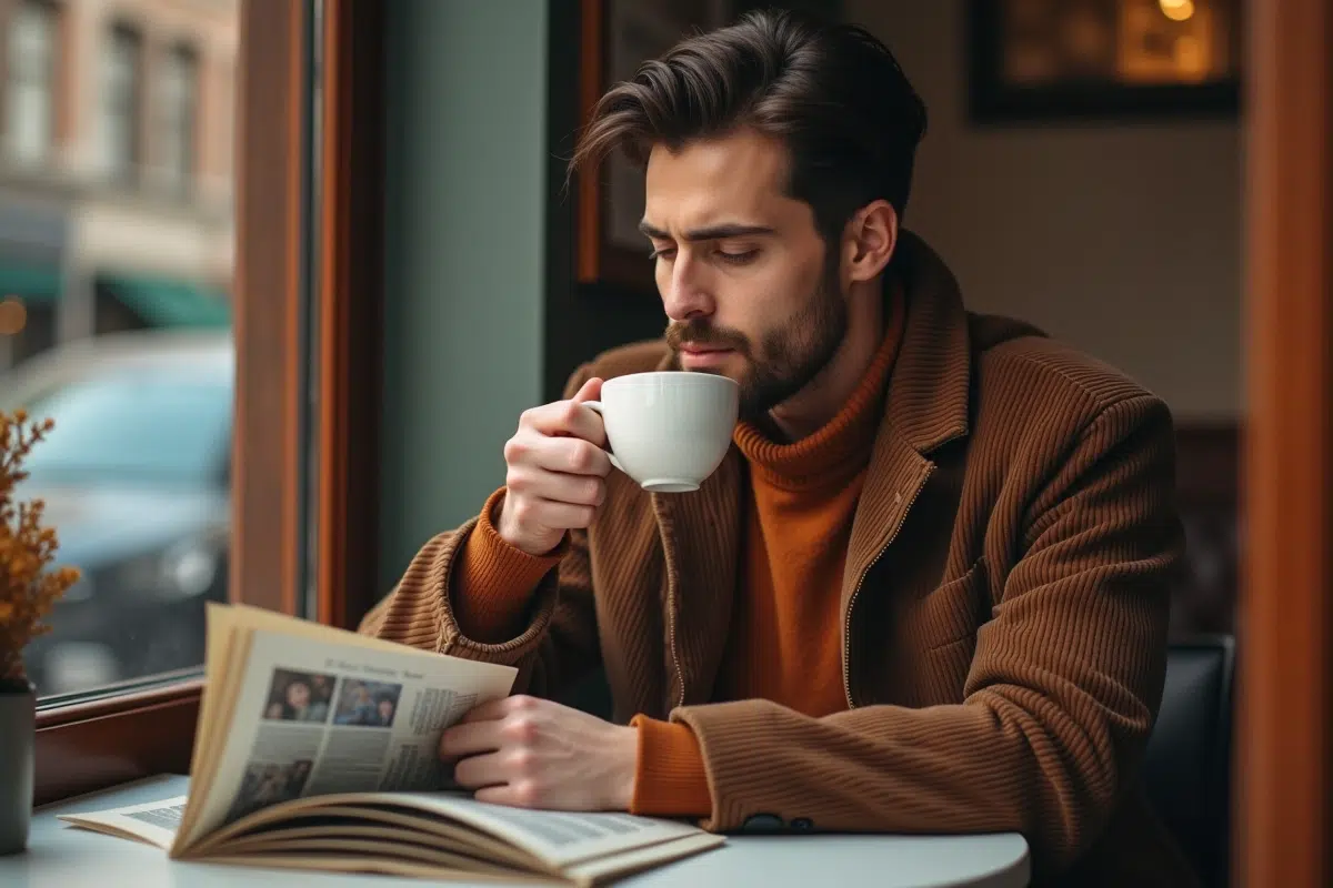Homme lisant un magazine dans un café d