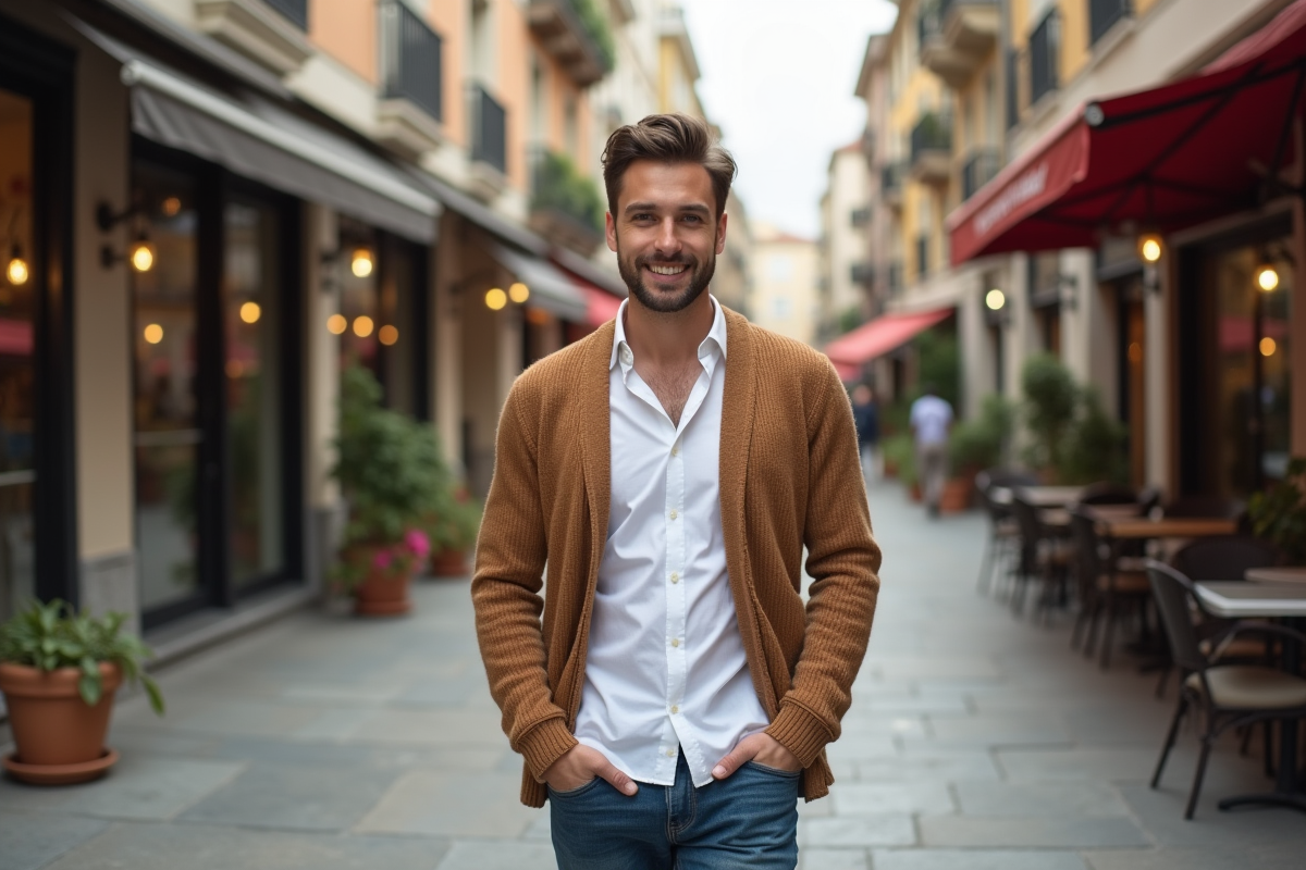 Homme confiant portant un cardigan en ville dynamique