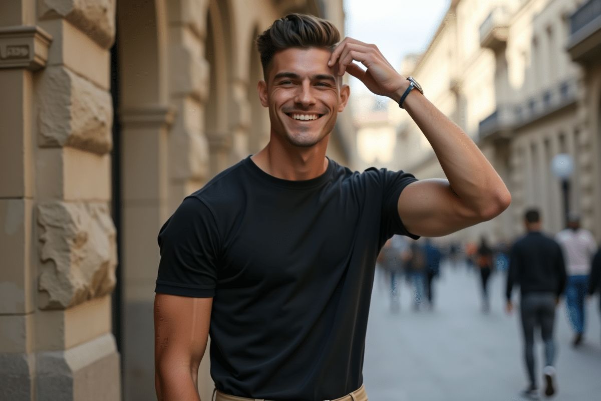 Jeune homme avec coupe taper dans la rue urbaine