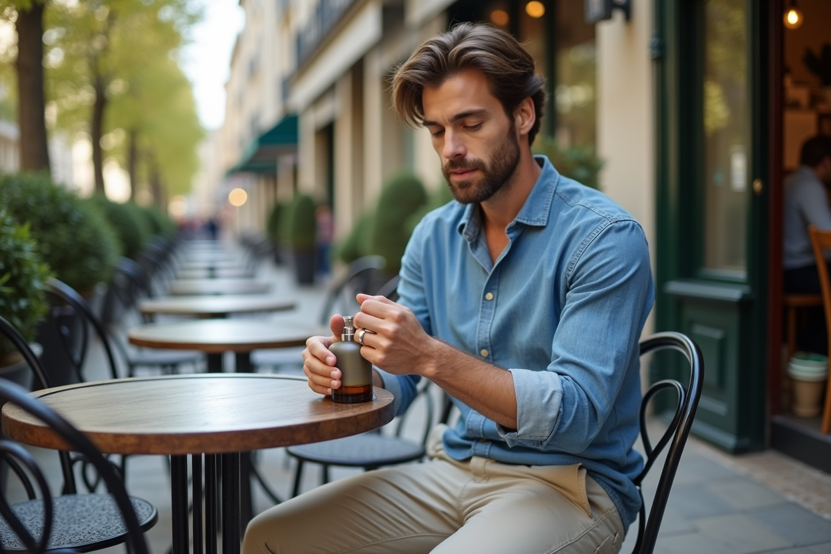 Homme appliquant du cologne dans un café parisien
