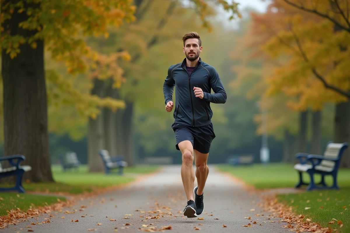 Homme courant dans un parc verdoyant avec des arbres et des feuilles