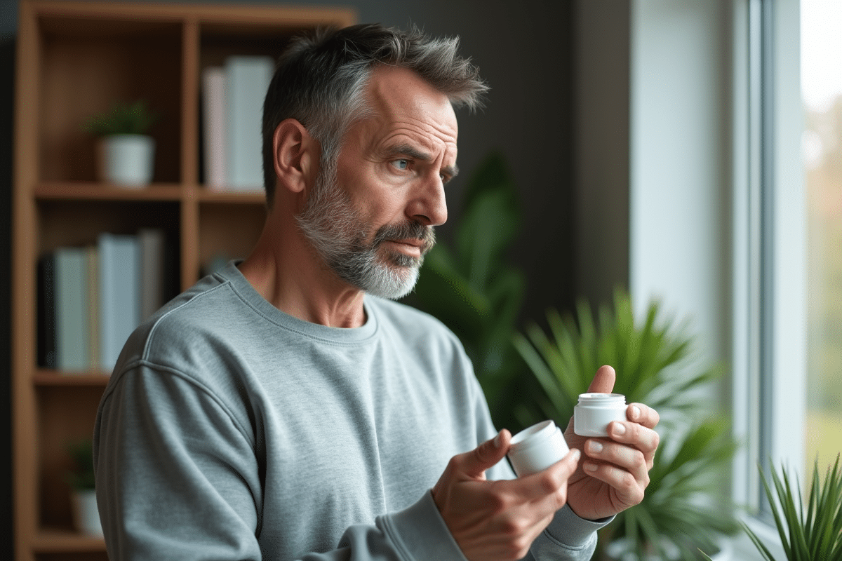 Homme regardant son reflet avec crème visage dans un intérieur moderne
