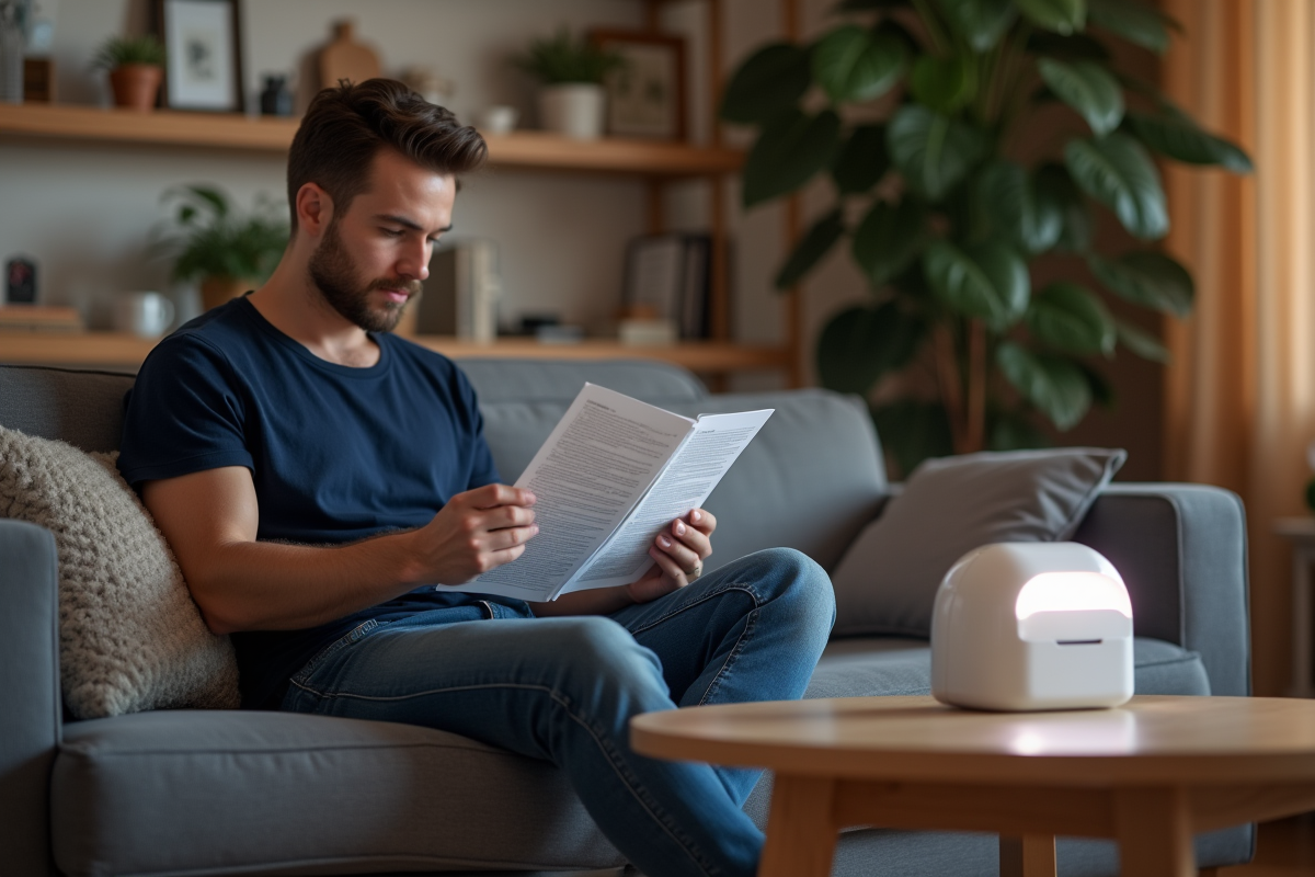 Jeune homme lisant le manuel d