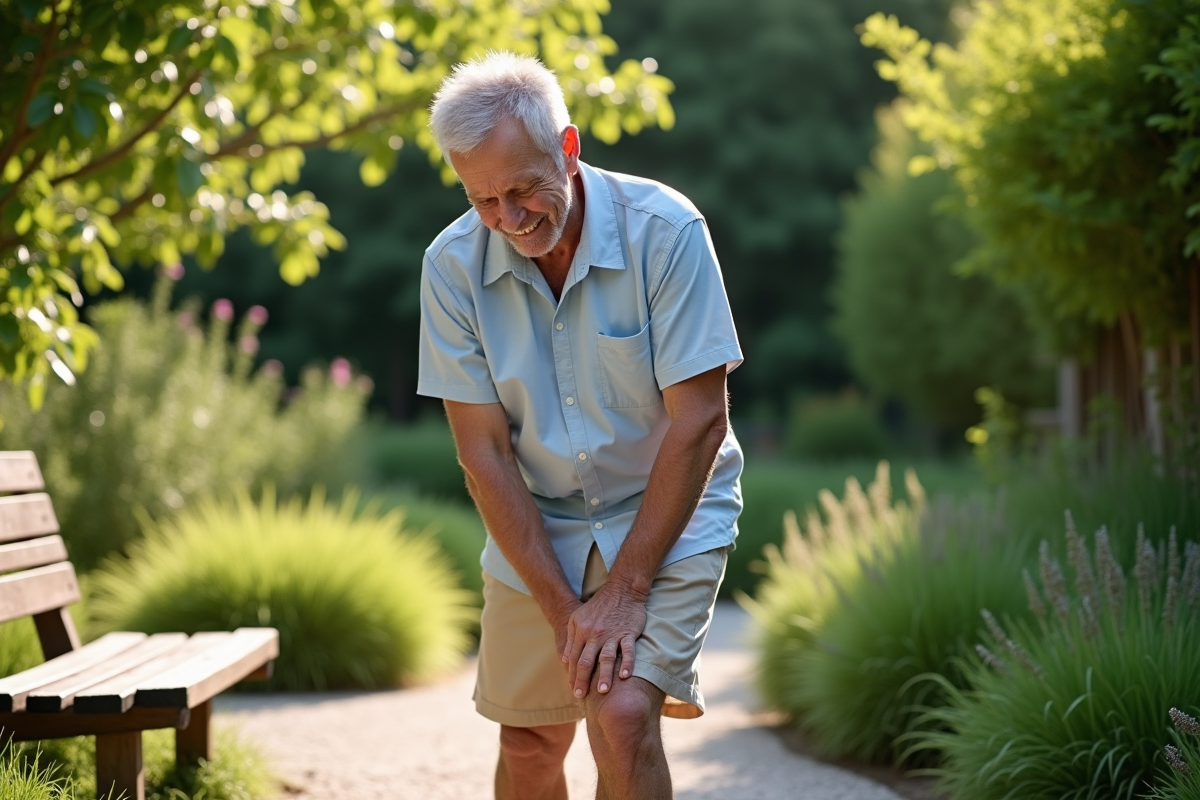 Homme se massant la jambe dans un jardin verdoyant en plein air