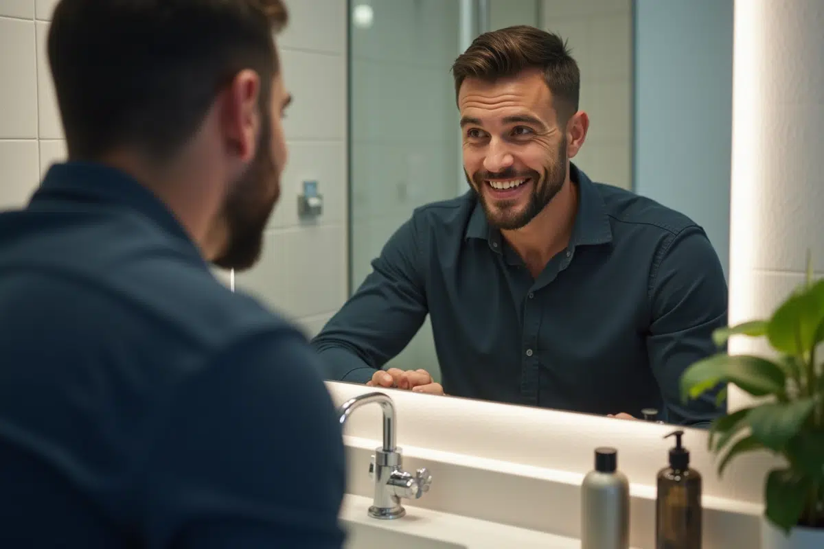 Homme regardant son tatouage de lèvres dans le miroir