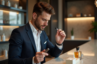 Homme en costume testant un parfum en boutique élégante