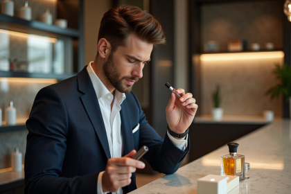 Homme en costume testant un parfum en boutique élégante