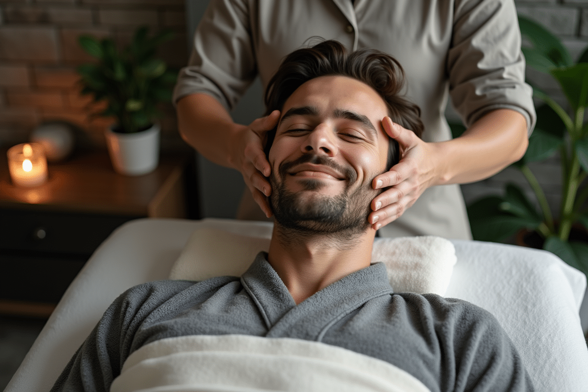 Jeune homme relaxe lors d un massage kobido en studio
