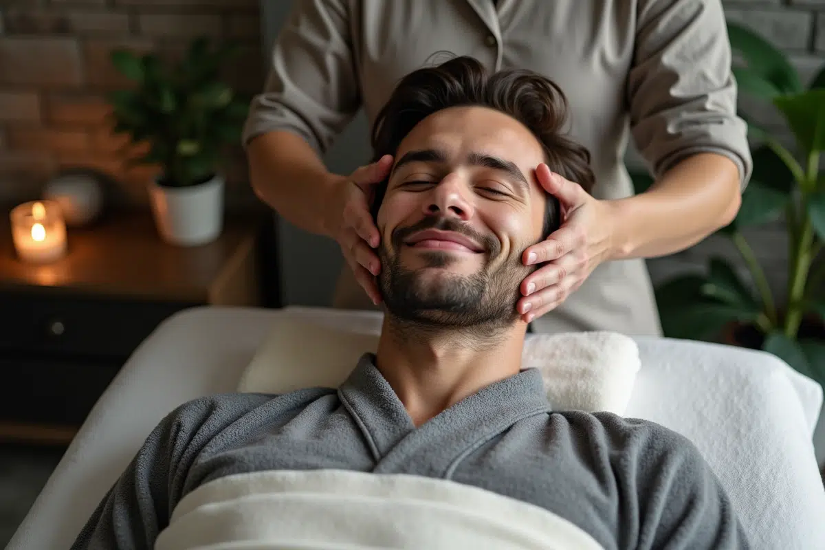 Jeune homme relaxe lors d un massage kobido en studio