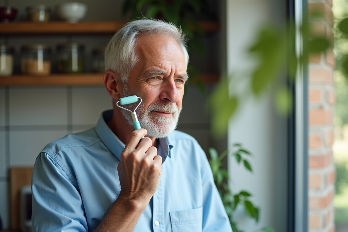 Homme utilisant un rouleau facial près d une fenêtre de cuisine