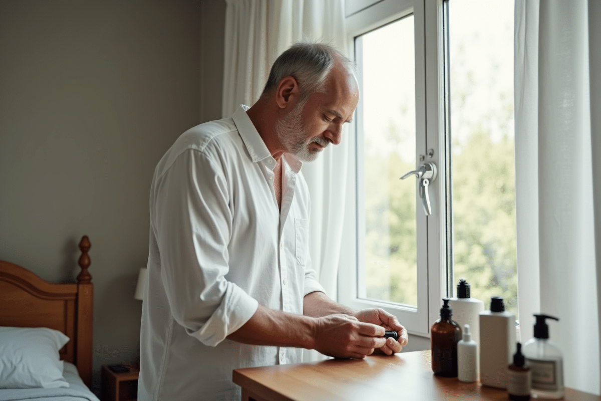 Homme en chemise blanche appliquant un serum sur ses mains