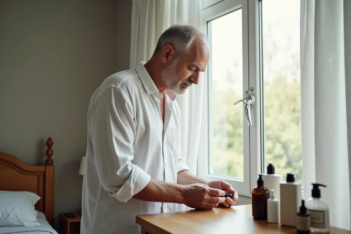 Homme en chemise blanche appliquant un serum sur ses mains