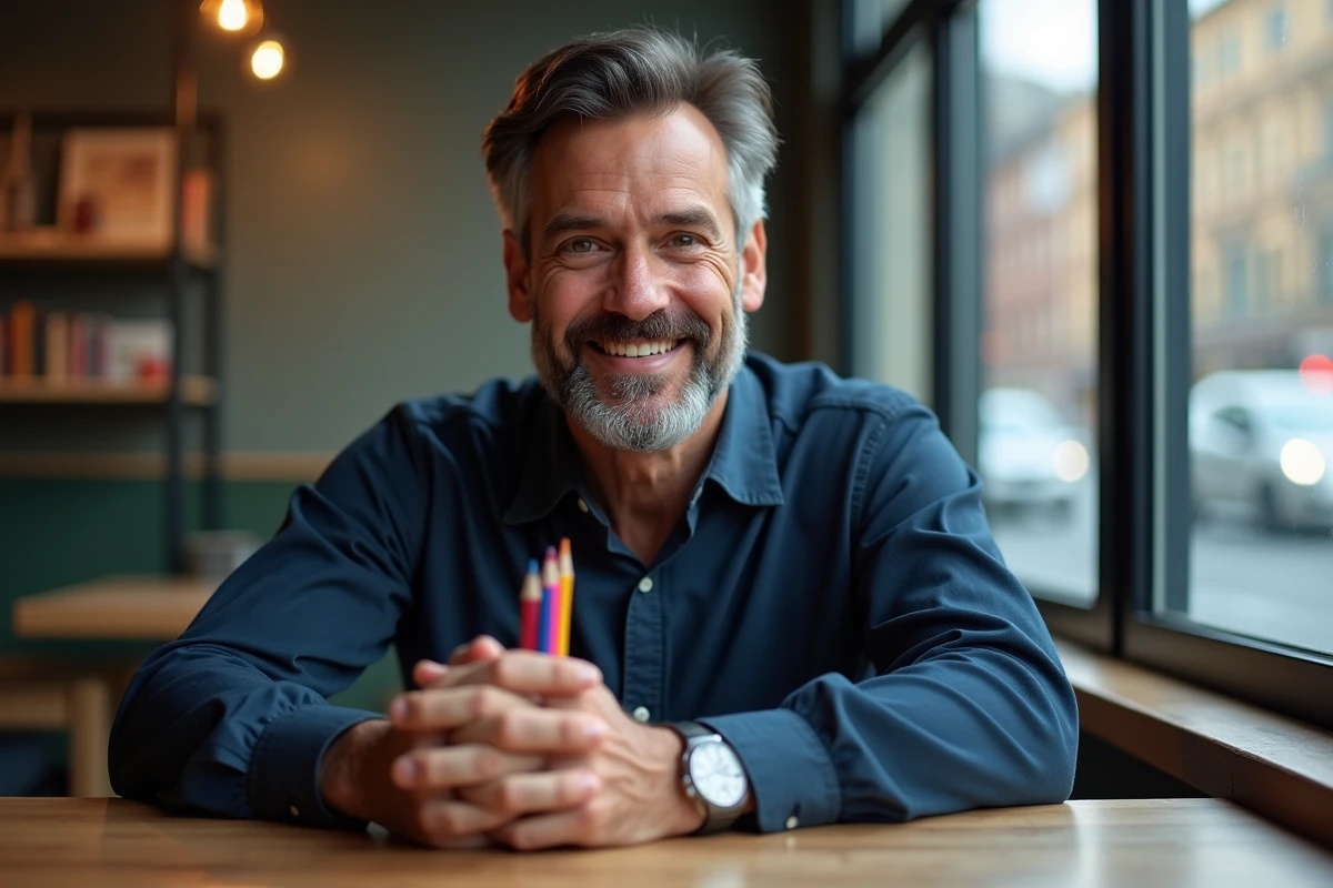 Homme souriant montrant des crayons pour les yeux au café