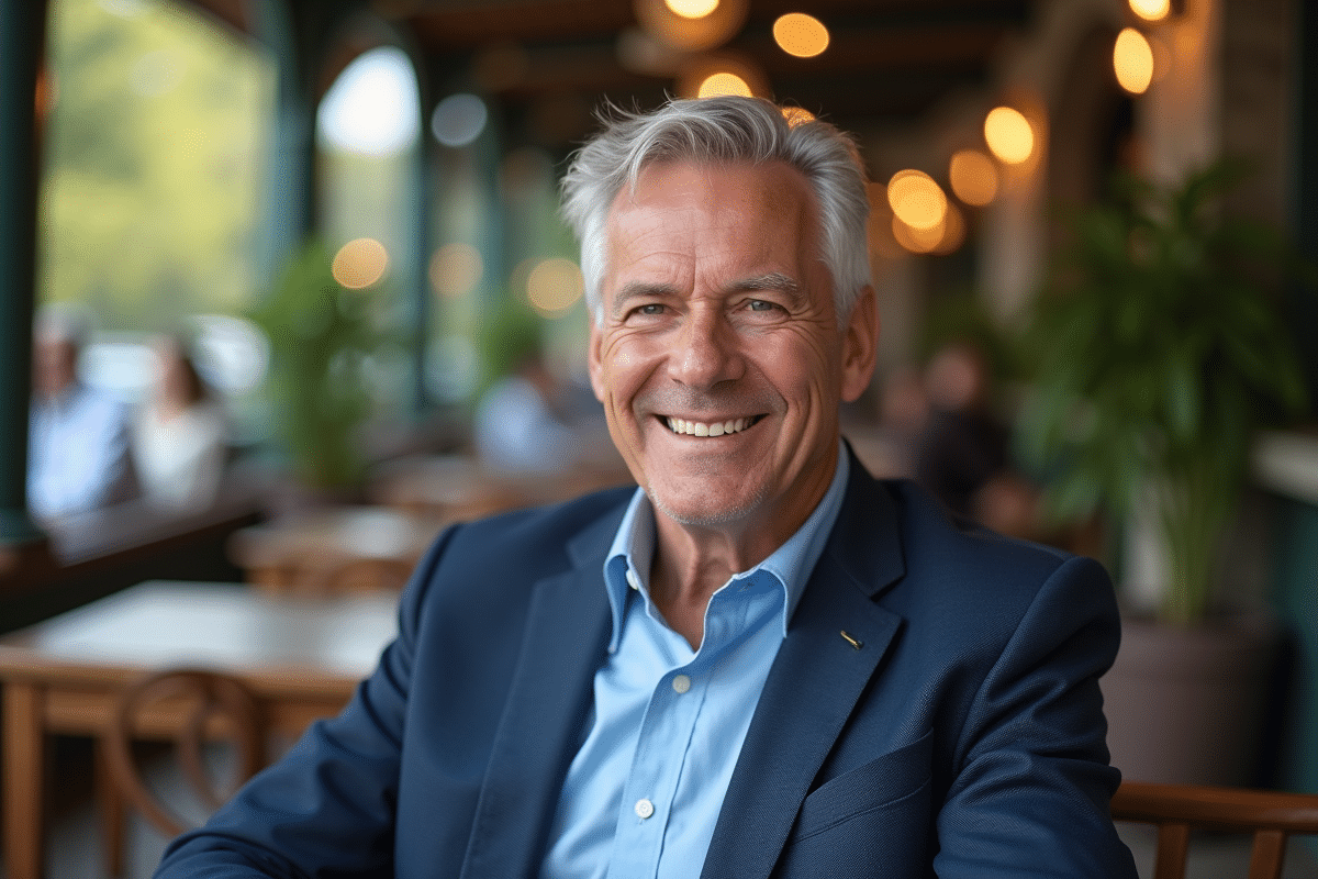 Homme souriant dans un café extérieur en plein air