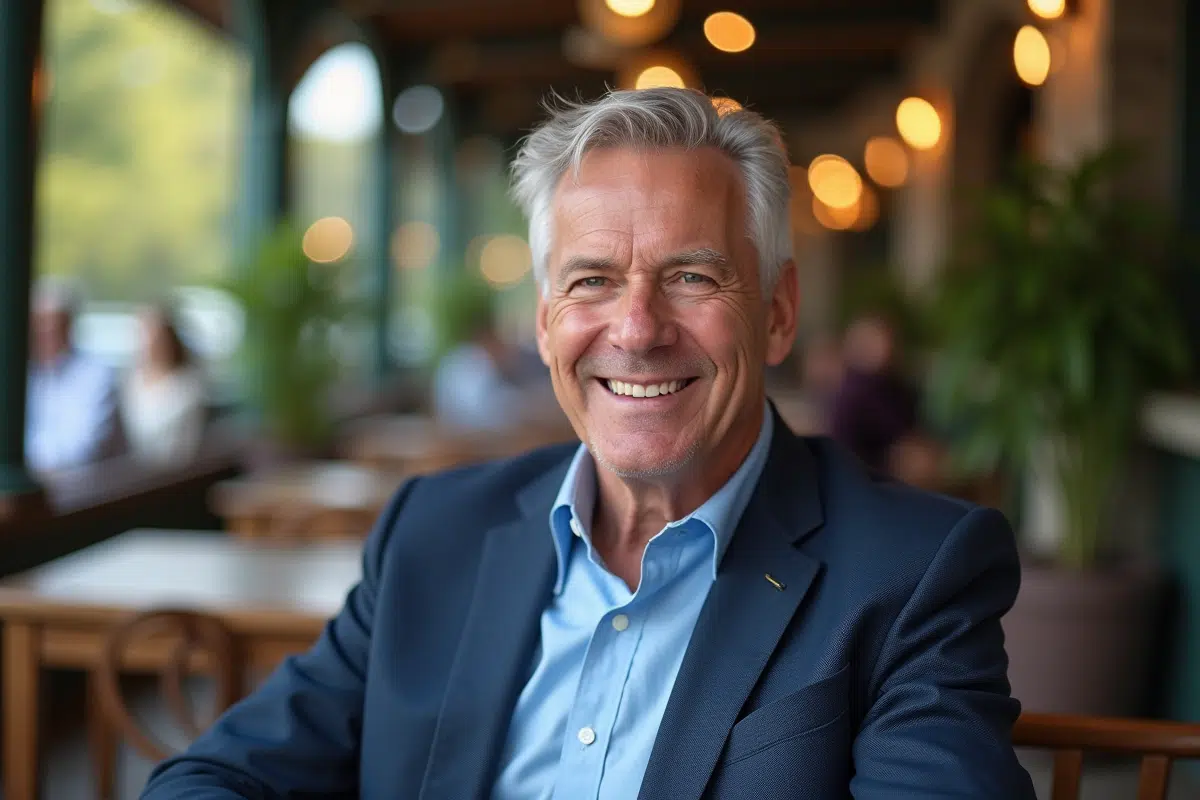 Homme souriant dans un café extérieur en plein air