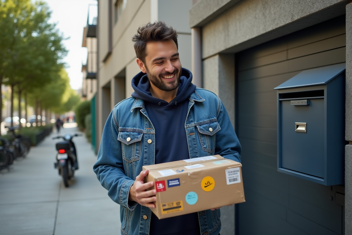 Homme regardant un colis dans la boîte aux lettres en ville