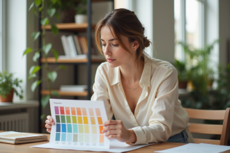 Jeune femme examinant un nuancier de couleurs dans un studio lumineux