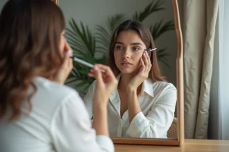 Jeune femme appliquant un eye-liner bleu dans son miroir