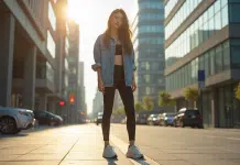 Jeune femme en leggings mode en ville ensoleillée