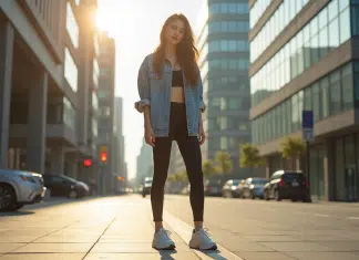 Jeune femme en leggings mode en ville ensoleillée