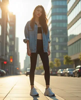 Jeune femme en leggings mode en ville ensoleillée