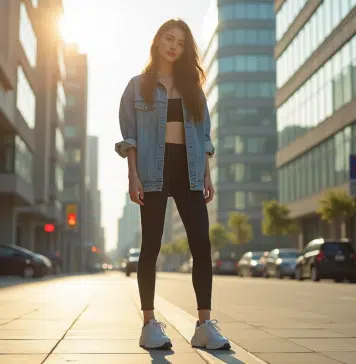 Jeune femme en leggings mode en ville ensoleillée