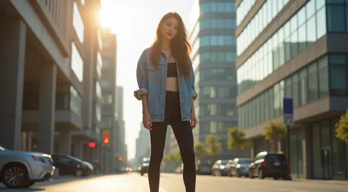 Jeune femme en leggings mode en ville ensoleillée