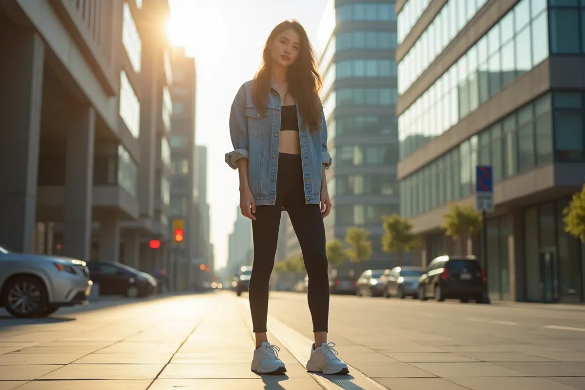 Jeune femme en leggings mode en ville ensoleillée