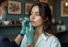 Jeune femme en studio de tatouage lippe en cours