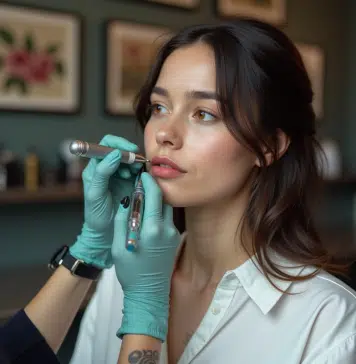 Tout sur le tatouage sur les lèvres : avantages, inconvénients, conseils ! Jeune femme en studio de tatouage lippe en cours