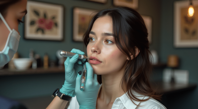 Jeune femme en studio de tatouage lippe en cours