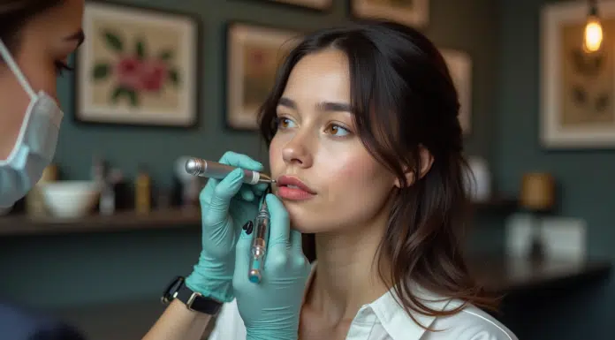 Jeune femme en studio de tatouage lippe en cours