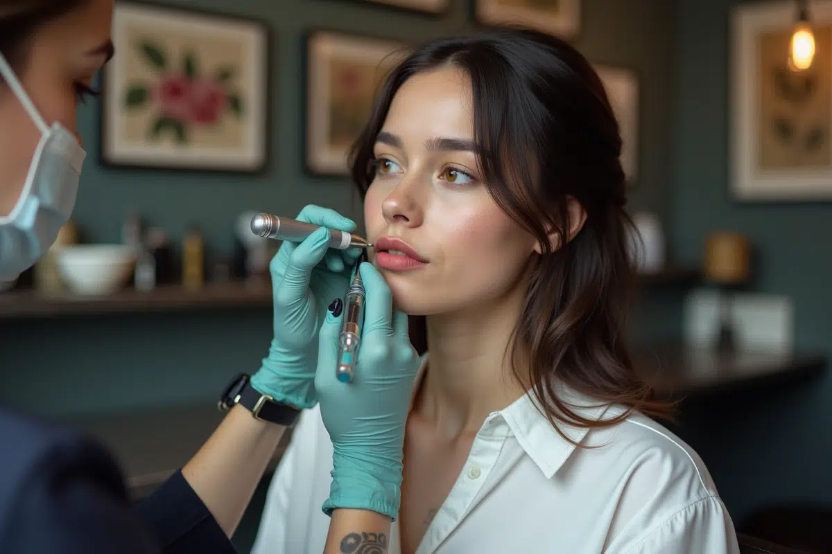 Jeune femme en studio de tatouage lippe en cours