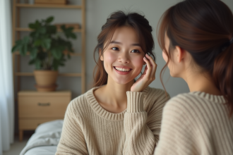 Jeune femme appliquant du mascara dans son miroir